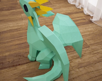 Papercraft Dragon SVG + DXF + PDF template, paper craft dragon, baby dragon model, 3D low poly sculpture, diy paper, svg pattern, origami