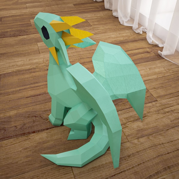 Papercraft Dragon SVG + DXF + PDF template, paper craft dragon, baby dragon model, 3D low poly sculpture, diy paper, svg pattern, origami