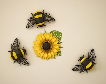 Hummel und Blume SVG + DXF + PDF Vorlage, Papier Handwerk Bienen Projekt, 3D Modell, Cricut, diy Sonnenblume für Schneidemaschine, Papierschnitt Kunst