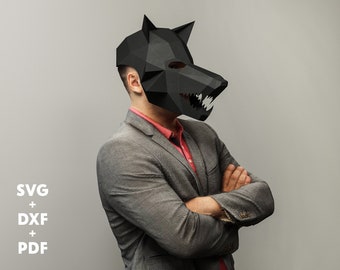 Máscara de lobo SVG, plantilla de máscara de lobo de papercraft, patrón 3D de máscara de perro DIY, cómo hacer máscara de papel, máscara de baja poli DXF, máscara de animal pdf, disfraz