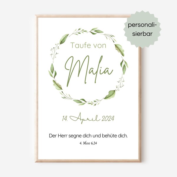 Taufposter Blumen Greenery, Poster Taufe, Taufgeschenk personalisiert, Taufgeschenk Patenkind, Taufe Deko Mädchen, Taufspruch Geschenk