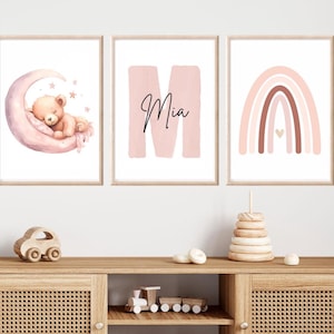 Personalisiertes Namensposter Teddy Mädchen rosa Geburtsposter Name Wanddeko Wandbild Kinderzimmer rosa personalisiertes Geschenk Geburt