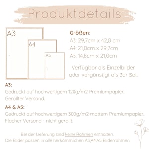 May include: A product details chart for prints in sizes A3, A4, and A5. The chart lists the dimensions of each size in centimeters. The text states that the prints are available as individual prints or as a set of three. The chart also describes the paper quality and shipping methods for each size.