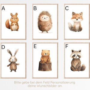 May include: Six framed watercolor prints of woodland animals: a squirrel, hedgehog, fox, rabbit, bear, and raccoon. Each animal is depicted in a cute, friendly style, set against a white background. The prints are labeled A through F.