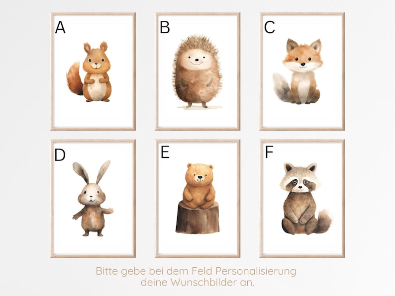 May include: Six framed watercolor prints of woodland animals: a squirrel, hedgehog, fox, rabbit, bear, and raccoon. Each animal is depicted in a cute, friendly style, set against a white background. The prints are labeled A through F.