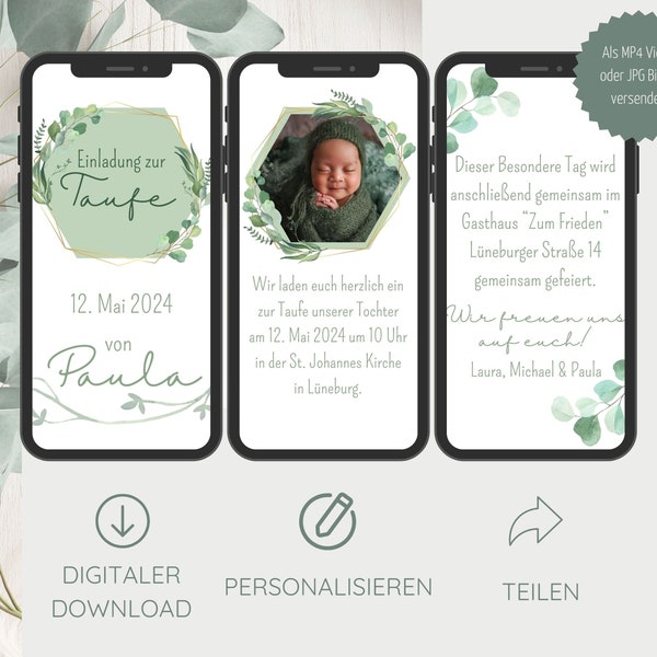 Digitale Taufeinladung mit Foto, personalisierte Einladung zur Taufe digital, zum Versenden per WhatsApp, eCard Taufe, Videoeinladung Taufe