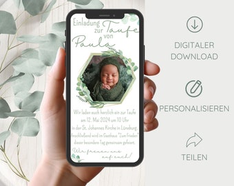 Digitale Taufeinladung mit Foto, personalisierte Einladung zur Taufe digital, zum versenden per WhatsApp, eCard Taufe Foto, Taufe Vorlage