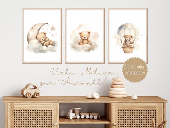 Poster Set Teddy Beige Baby Pictures Nursery Teddy Bear Poster Nursery Gift Children Baby Room Beige Decor Birth Gift Neutral