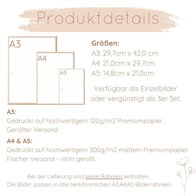 May include: A product details page with three blank paper sizes: A3 (11.7 x 16.5 inches), A4 (8.3 x 11.7 inches), and A5 (5.8 x 8.3 inches). Text details the paper sizes in centimeters and describes the paper quality and shipping options.