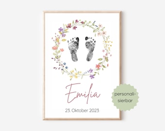 Baby Poster Geburt Fußabdrücke, DIN A4, Geburtsposter personalisiert Fußabdruck, Geschenk zur Geburt, Namensposter Geburt, Babyzimmer Deko