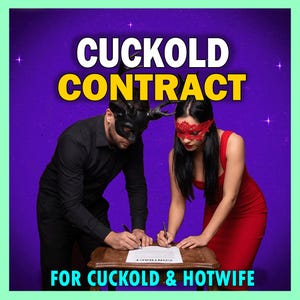 Può includere: Una persona con camicia nera e maschera da cervo e una persona con abito rosso e maschera in pizzo rosso firmano un documento su un tavolo di legno. Il testo CUCKOLD CONTRACT è in alto e FOR CUCKOLD & HOTWIFE è in basso su uno sfondo viola.