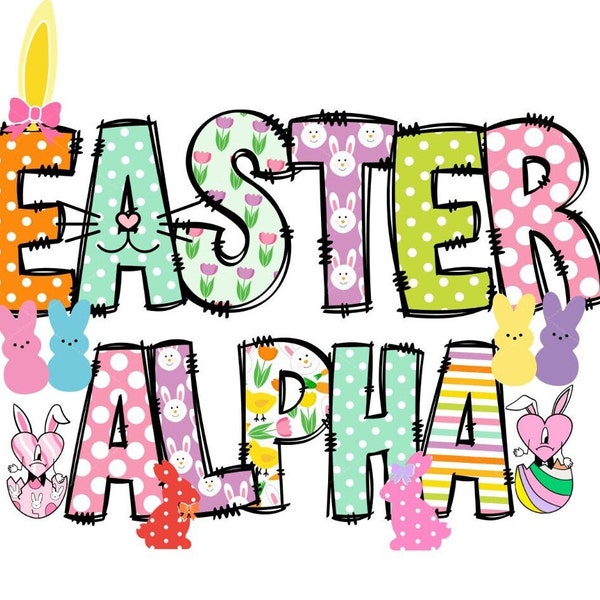 Easter Alphabet Letters PNG Bundle, Easter Eggs, Spring Floral, Easter Bunny, Hand Drawn Doodle, Carrot Sublimation Alpha Set Designs PNG