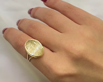 Anillo de dedo de latón ajustable de oro macizo de 14 k, anillo de almohadilla ovalada de oro de 14 k / anillo de regalo de oro para madre / anillo para esposa / anillo de oro para hermana