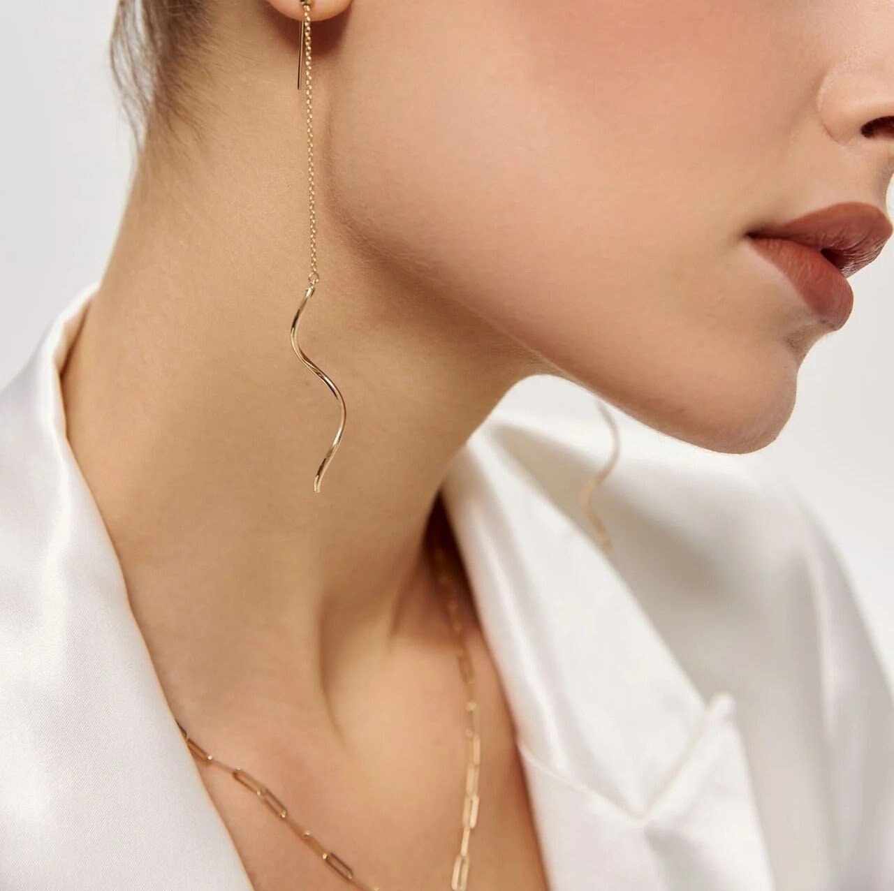 14k Gold Spiral Threader Earrings, Solid Gold Threader Earrings, Corkscrew Earrings, Gold Minimalist Wave Bar Earrings, Gold Spiral Earrings