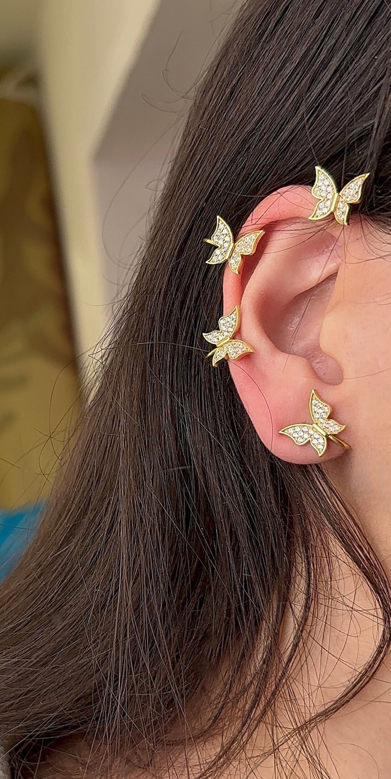 Butterfly Ear Climber Earrings 14k Gold / Butterfly Ear Cuffs Earring