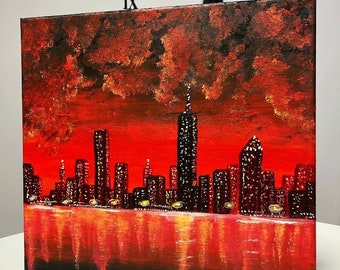 Peinture acrylique de paysage urbain de ville de coucher du soleil brûlant, décoration d'art 40x40cm