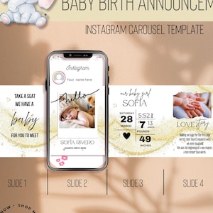 May include: An Instagram carousel template for a baby birth announcement. The design includes a baby elephant illustration, a smartphone mockup, and slides with text and photos. The baby's birth details are displayed, including weight (49 inches) and time.