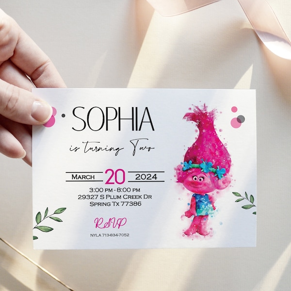 Trolls birthday invitations, Poppy party invites, Watercolor greenery Trolls Poppy girls birthday invitation