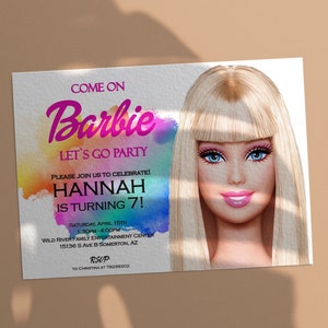 Barb birthday invitation, Pink doll party invites,Let's go party, Girl rainbow birthday invites, Barb doll template for girls