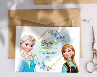 Elsa and Anna Birthday Invitation: Watercolor Floral Design (JPEG File)