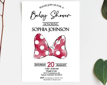 Minnie Mouse Baby Shower Invitation: Watercolor Bow, Girl Theme (JPEG File)