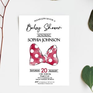 Minnie Mouse Baby Shower Invitation: Watercolor Bow, Girl Theme (JPEG File)
