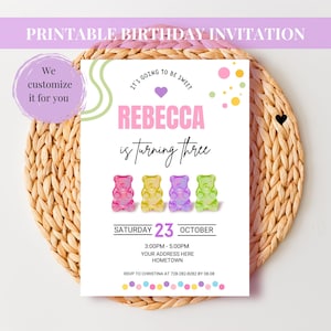Modern Gummy Bears Birthday Invitation for Girls,  Sweet Party Invitation in Pastel colors, Digital Gummy Candy invites, Sweets invitations