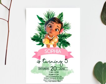 Faire-part d'anniversaire bébé Moana : invitations à une fête tropicale (fichier JPEG)