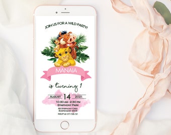 Pink Lion King Birthday Invitation: Electronic Mobile Evite (JPEG)
