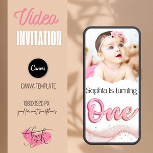 First Birthday Girl Video Invitation with photo: Animated Pink Evite (Canva Template)