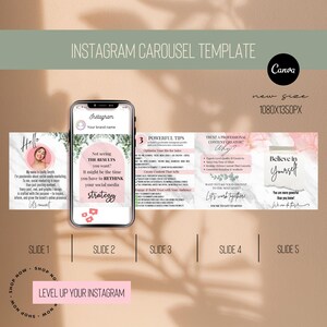 May include: A pink and white marble background with five slides for an Instagram carousel template. The slides include text about social media strategy, powerful tips, trusting a professional content creator, and believing in yourself. The text "Level Up Your Instagram" is at the bottom of the image.