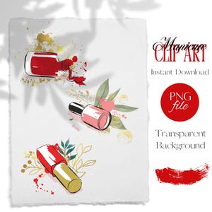 Watercolor Nail Polish Clipart with Gold Ornaments, Feminine Beauty Salon PNG Graphics, Hand-Painted Nail Art Bottle Illustrations, Manicure