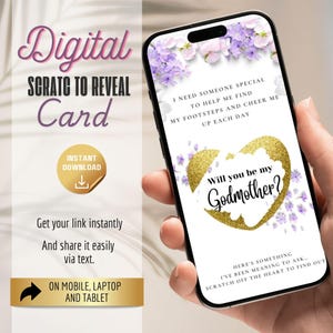 Puede incluir: Tarjeta digital de rascar y revelar en la pantalla de un smartphone. La tarjeta presenta un corazón dorado con el texto "Will you be my Godmother?" y detalles florales morados. El teléfono está en una mano.