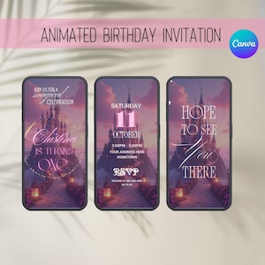May include: Three smartphone screens displaying animated birthday invitations. Each features a castle illustration with text: "Join us for a magical celebration," "Saturday, October 11," and "Hope to see you there." The invitations are set against a sunset backdrop.
