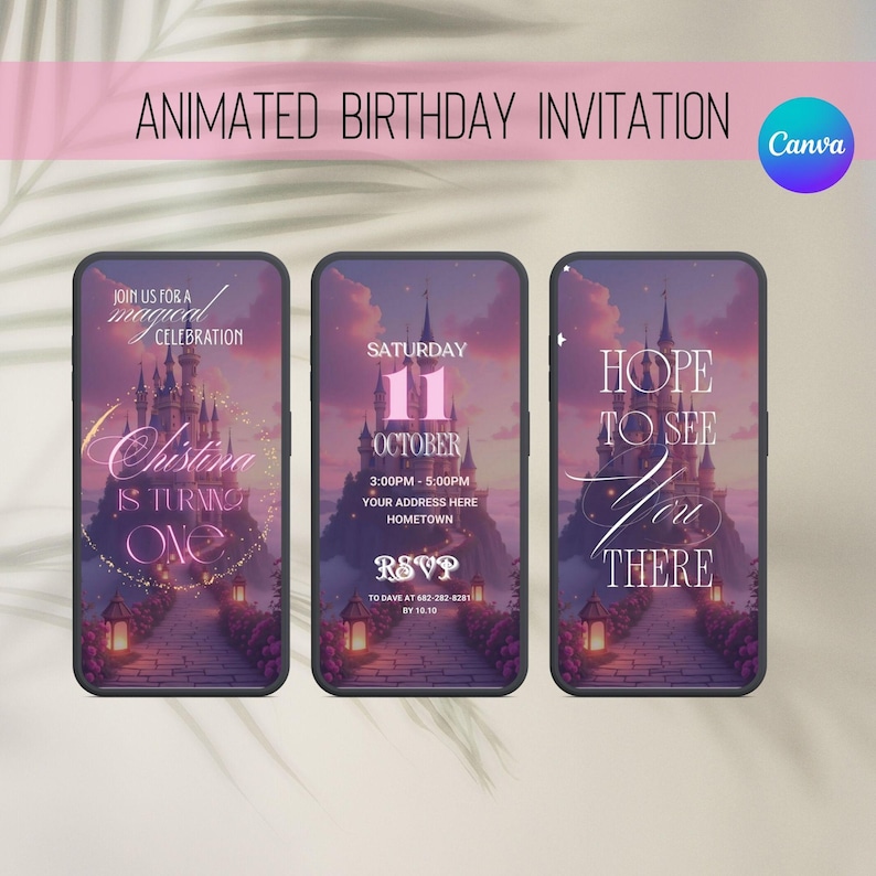 May include: Three smartphone screens displaying animated birthday invitations. Each features a castle illustration with text: "Join us for a magical celebration," "Saturday, October 11," and "Hope to see you there." The invitations are set against a sunset backdrop.