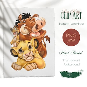 Imágenes prediseñadas de acuarela del Rey León, ilustración de Simba, Timón y Pumba, archivo PNG del Rey León, gráficos de animales de safari en la jungla, sublimación del Rey León