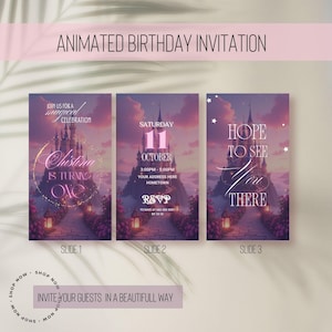 May include: Animated birthday invitation with three slides. Each slide features a castle illustration with text. The first slide says "Join us for a magical celebration" and "Christina is turning one." The second slide says "Saturday 11 October" with event details. The third slide says "Hope to see you there."