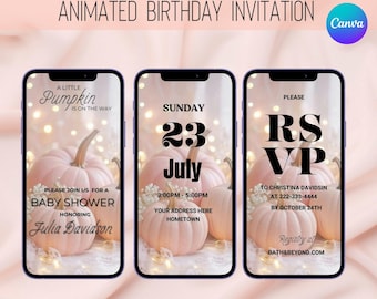 May include: Animated birthday invitation displayed on three smartphones. The design features pink pumpkins, floral accents, and text including "A Little Pumpkin is on the Way" and "Baby Shower". The invitation includes RSVP details.