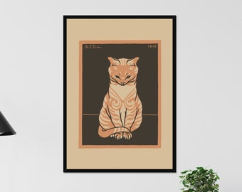 Sitting Cat (2) Vintage Cat Poster, Ginger Cat Print, Retro Striped Cat Artwork, Woodcut Feline Design, Cute Pussycat Art, Linocut Cat Art