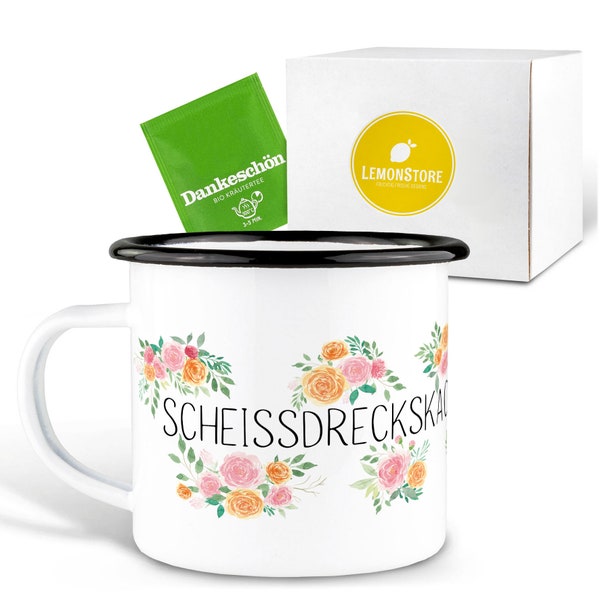 Emailletasse / "ScheissDrecksKackMistFick-Tag" / Design Tasse aus Emaille, leichter & robuster Becher, Mug + weitere Keys