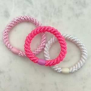 3er Set geflochtene Haargummis in Pink/Weiß/Gelb einfarbig und gestreift, als Armband kombinierbar 3er Set Pink