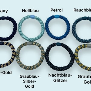 3er Set geflochtene Haargummis in Blau, Gold, Hellblau uni oder mit Glitzer, gestreift, geflochtenes Armband vielfach kombinierbar Bild 3