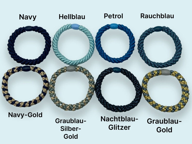 3er Set geflochtene Haargummis in Blau, Gold, Hellblau uni oder mit Glitzer, gestreift, geflochtenes Armband vielfach kombinierbar Bild 3