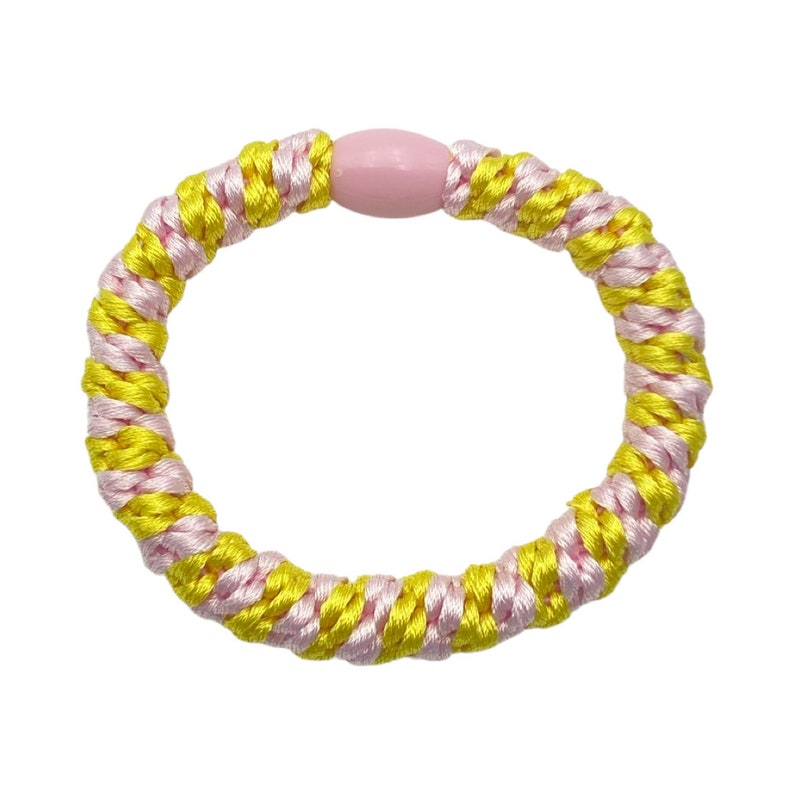 3er Set geflochtene Haargummis in Pink/Weiß/Gelb einfarbig und gestreift, als Armband kombinierbar Bild 5
