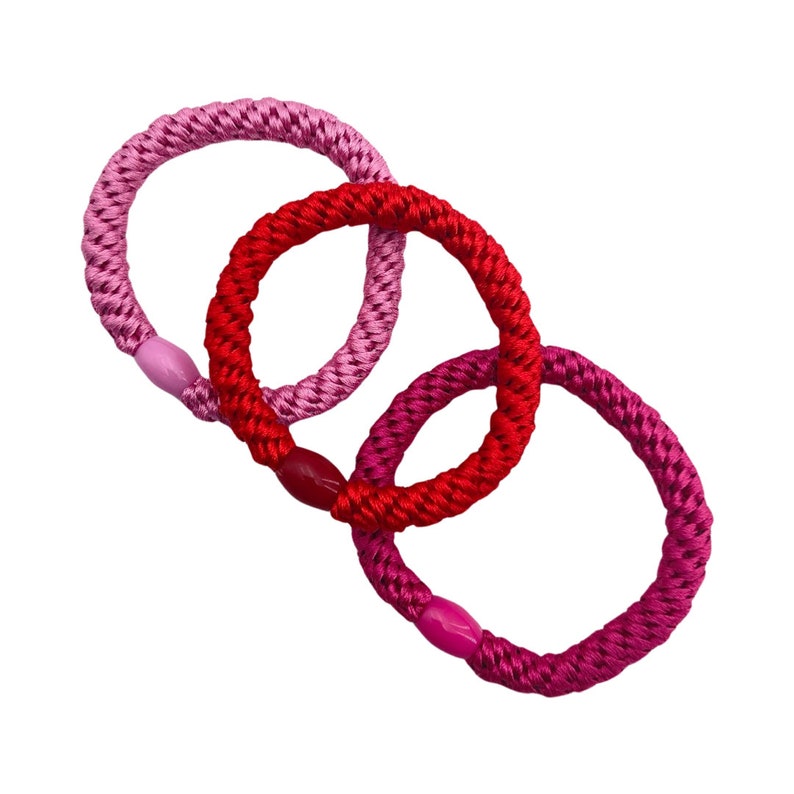 3er Set geflochtene Haargummis in Pink/Weiß/Gelb einfarbig und gestreift, als Armband kombinierbar Bild 9
