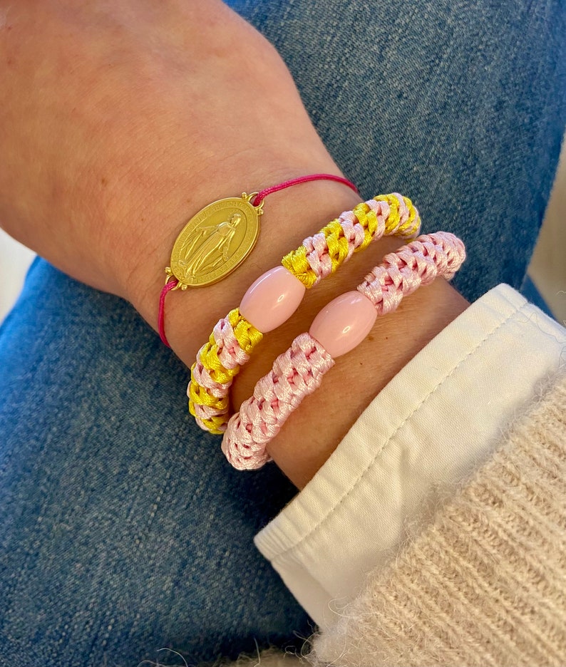 Lot de 3 élastiques à cheveux tressés rose/blanc/jaune, unis et rayés, combinables en bracelet image 1