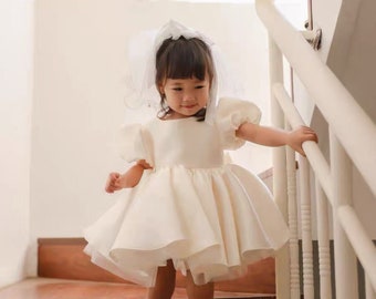 Elegant Off White Dresses for Baby Girls, Satin Puff Sleeve Dress for a Baby Girl, Luxury Flower Girl Dress, Toddler Wedding Dresses
