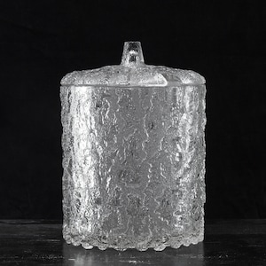 Può includere: Un barattolo di vetro trasparente con una superficie strutturata a forma di corteccia e un coperchio abbinato. Il barattolo è cilindrico con una base leggermente svasata e un piccolo pomello sul coperchio. Il barattolo è alto circa 15 cm.