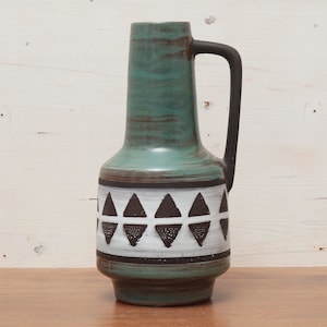 VEB HALDENSLEBEN, Oost-Duits aardewerk, VINTAGE keramiek, vaas met handvat, handgemaakt decor, jaren 60, keramiek uit het midden van de eeuw, mcm