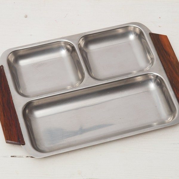 Serving plate, mid-century, teak wood, stainless steel, VINTAGE KITCHEN, West Germany, 1960s/1970s, mcm, table decoration, snack holder